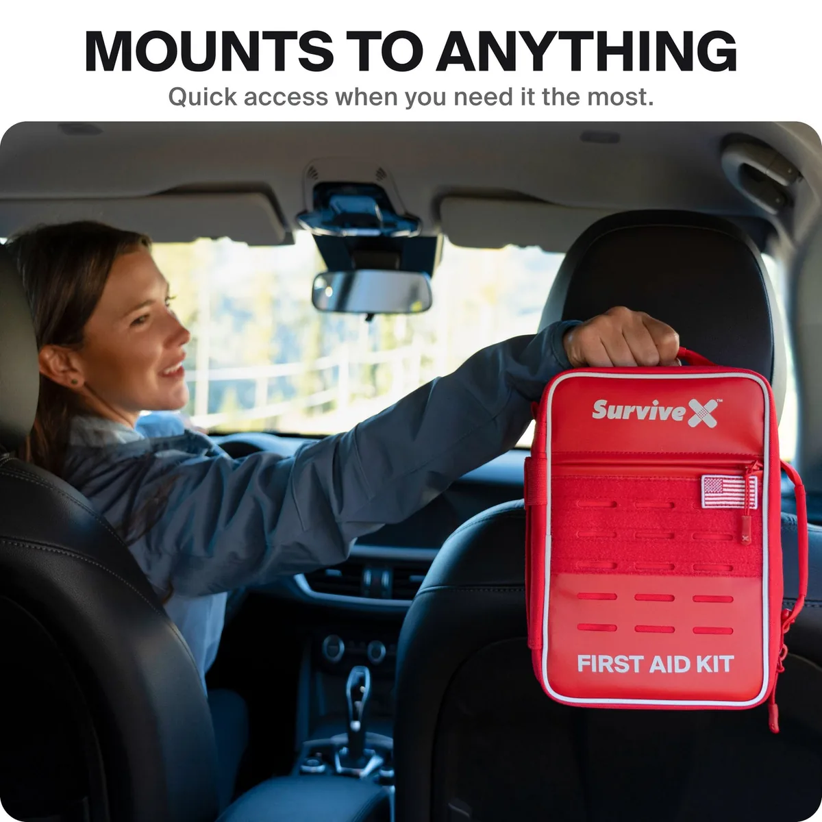 Large Pro First Aid Kit mounted to a vehicle headrest
