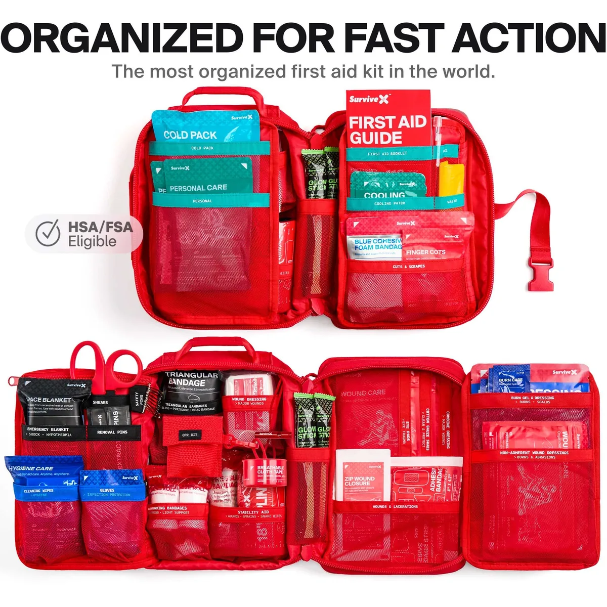 Open Large Pro First Aid Kit showing labeled, organized sections